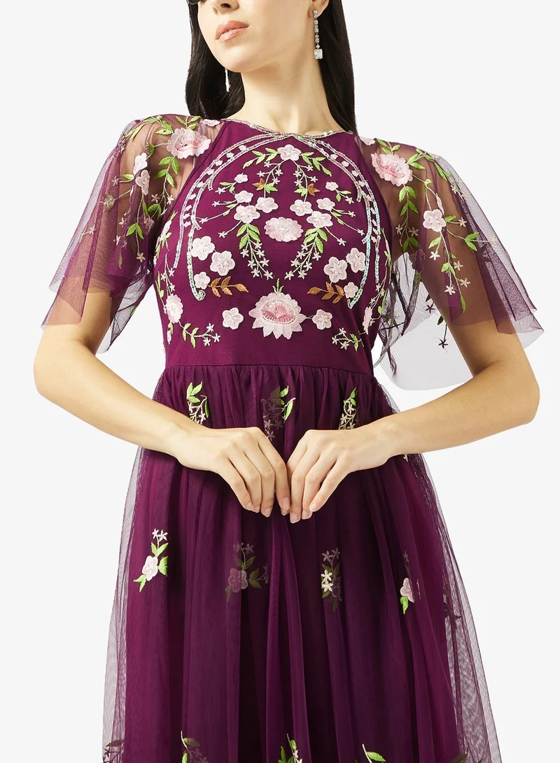 Frock And Frill  Embellished Mesh Short Sleeve Maxi Dress for Women | Best Price UAE